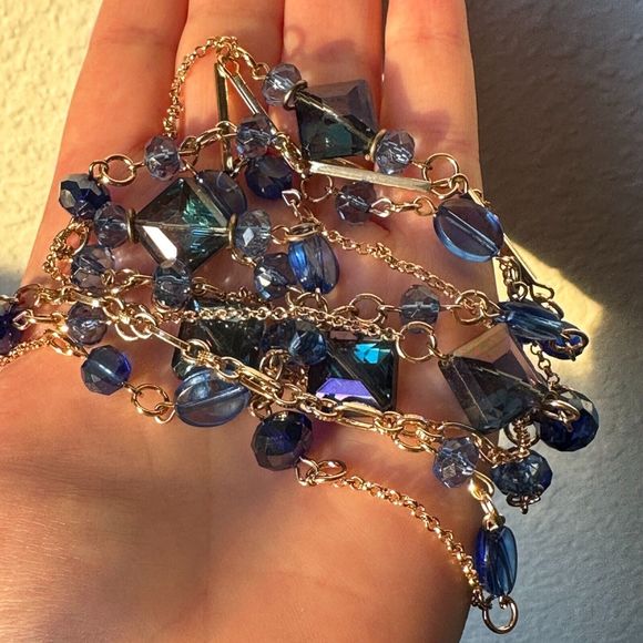 Blue Iridescent Plastic Beads Double Gold Tone Chain Necklace Vintage Style 36" - Picture 7 of 9